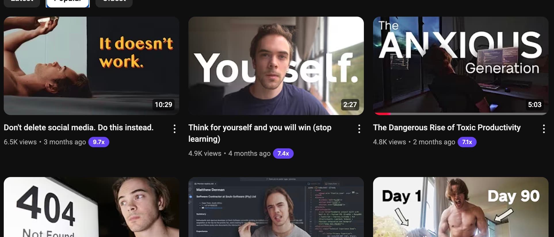 A collage of videos from the Matt Derman YouTube channel